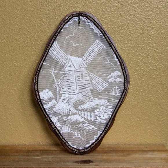 Set of 2 Framed Lace Wall Art Windmill and Lady in Bonnet, Chain Broken - Picture 4 of 11